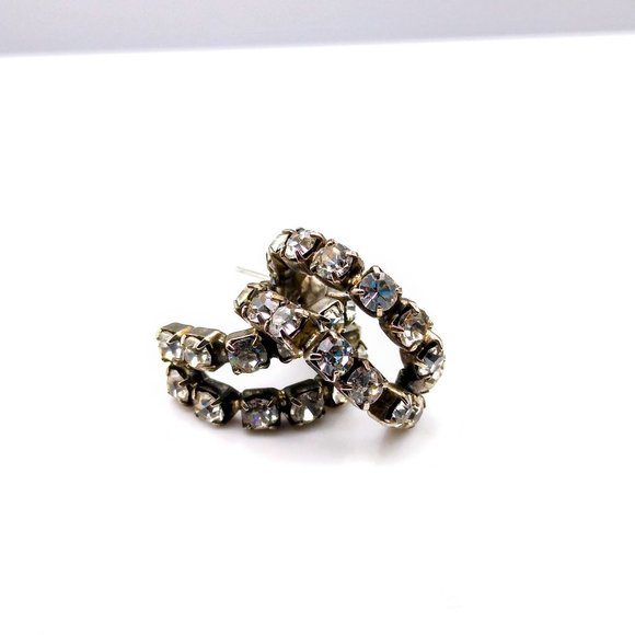 Vintage Glam Split Hoop Earrings, Double Crystal Encrusted Hoops in Silver Tone - Picture 2 of 3